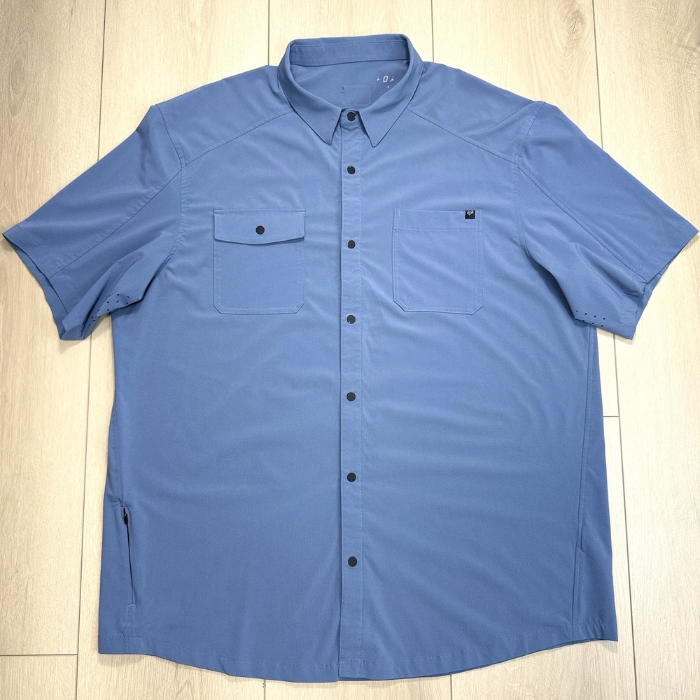 FOX Racing Men's Short Sleeve Performance Button Shirt Blue Ventilated Pockets